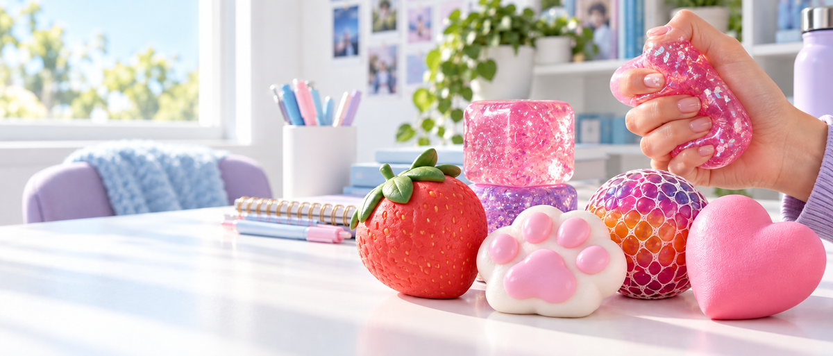 Realistic squishy toys on a bright sunlit teenage study desk