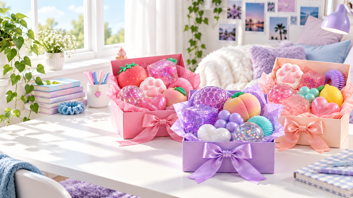 Realistic squishy gift boxes in a bright sunlit teenage room